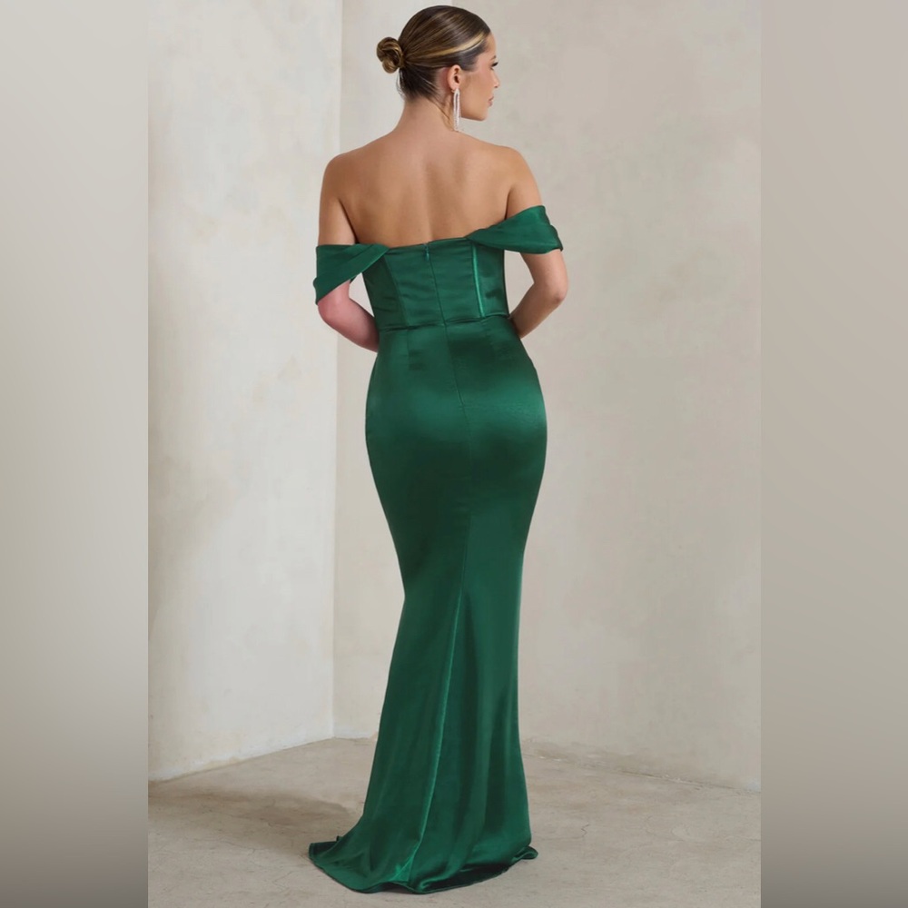 Kimberley Bottle Green Bardot Fishtail Satin Maxi Dress | Club L London | US 2 - Picture 3 of 13